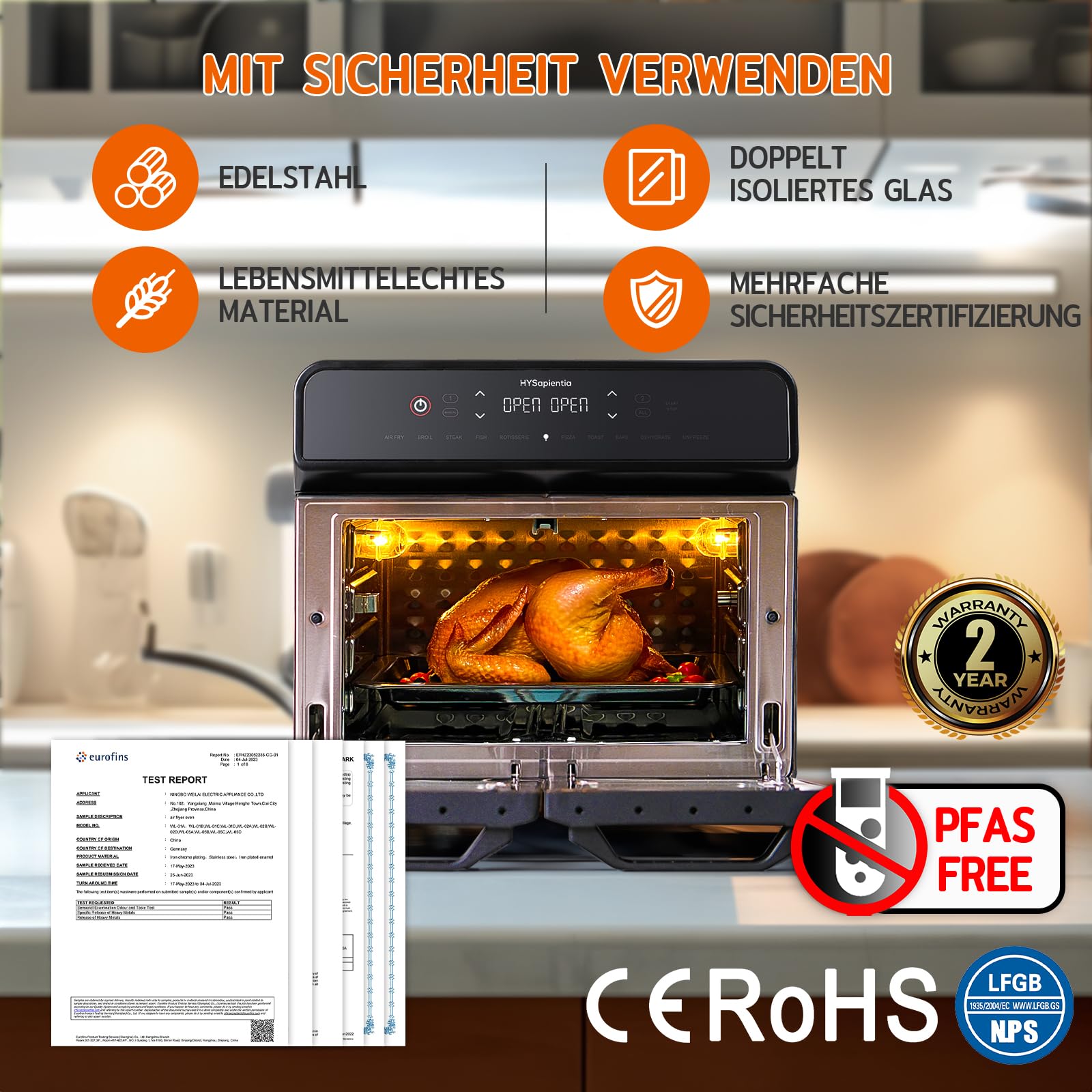 HYSapientia 22L heißluftfritteuse 2 kammern XXL Minibackofen mit Umluft,LED-Touchscreen,10 Programmen, Heissluftfritteuse Dual Zone airfryer Oven,Zwei Kochmodi mit Teilerplatte,Edelstahl,Rotisserie 5