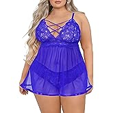Women's Plus Size Lingerie Sets, Sexy Open Back Babydoll Strappy Lace Chemise