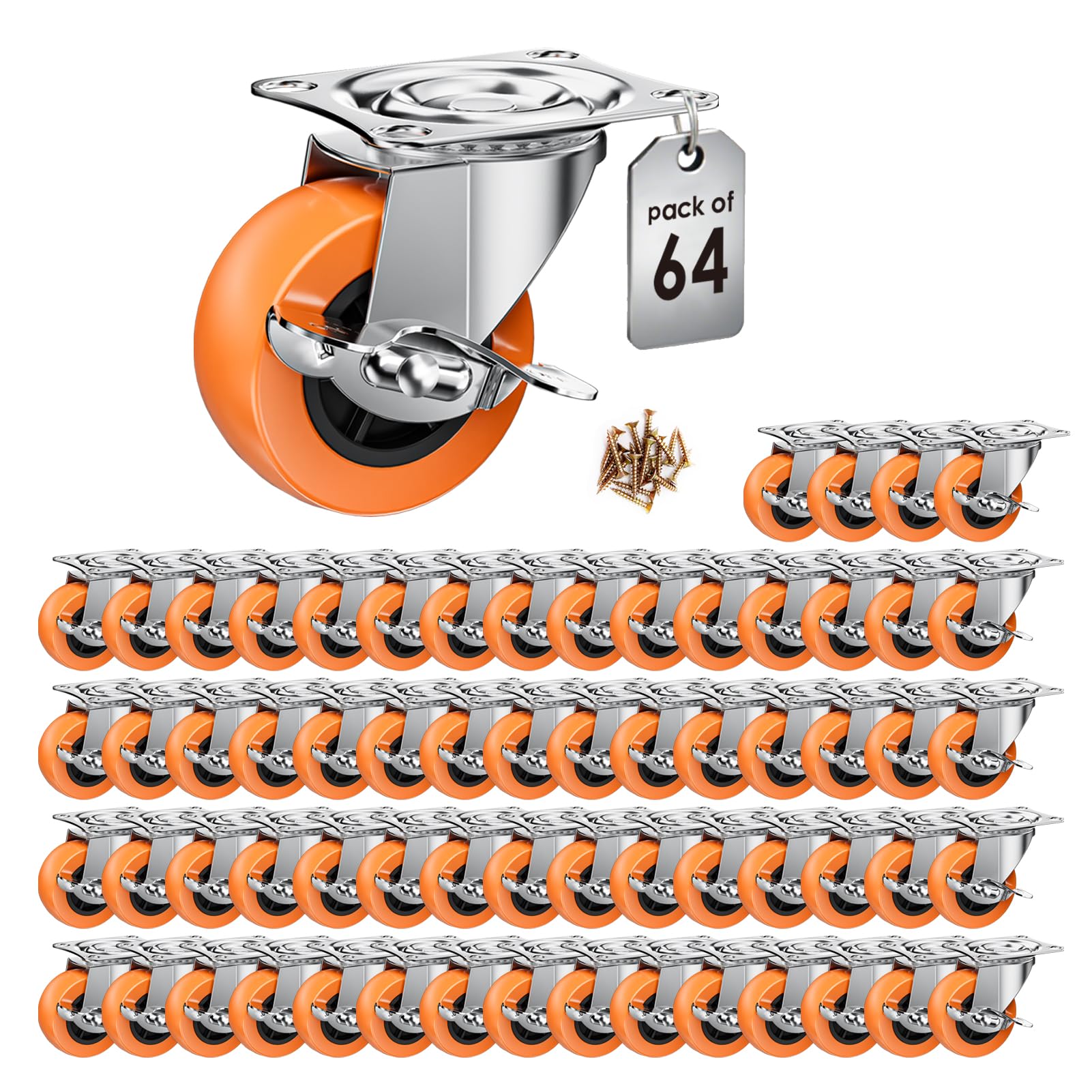 2 Inch Casters, ASHGOOB Caster Wheels with Side Brake, Locking Casters Set of 64, Industrial/Furniture Swivel Plate Caster Wheels for Workbench and Carts, Orange Polyurethane (PU) Castors (64 Pack) Image 2 Inch Casters, ASHGOOB Caster Wheels with Side Brake, Locking Casters Set of 64, Industrial/Furniture Swivel Plate Caster Wheels for Workbench and Carts, Orange Polyurethane (PU) Castors (64 Pack) Image