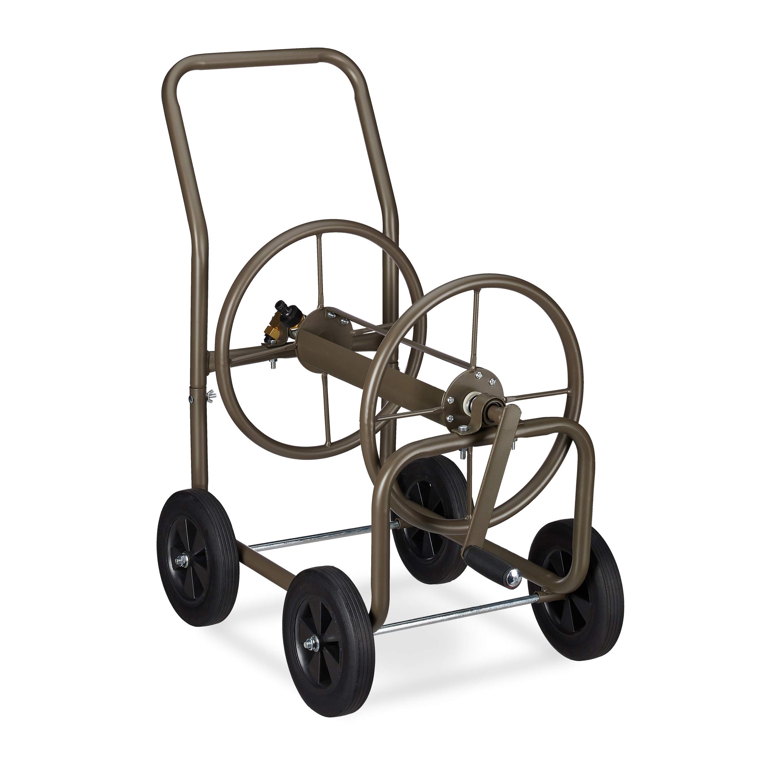 Relaxdays Hose Trolley XL, Mobile Portable Reel, Metal, for 60m Hoses, 4 Wheels & with Crank, 90° Unwinding, Brown