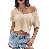 SweatyRocks Women's Asymmetrical Neck Waffle Knit Cropped T Shirts Short Sleeve Cold Shoulder Tops