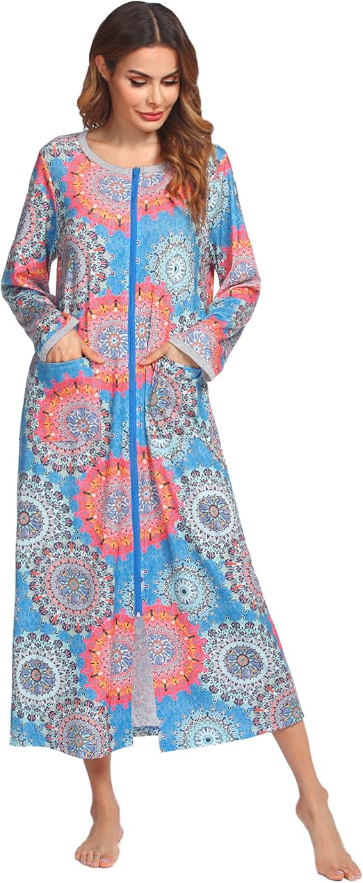 Ekouaer Women Long House Coat Zipper Front Robes Full Length Nightgowns