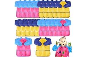 24 Pack Kids Art Smocks Waterproof,Toddler Painting Apron Long Sleeve,Kids Paint Smock with 3 Pockets for Age 2-7 (Colorful)