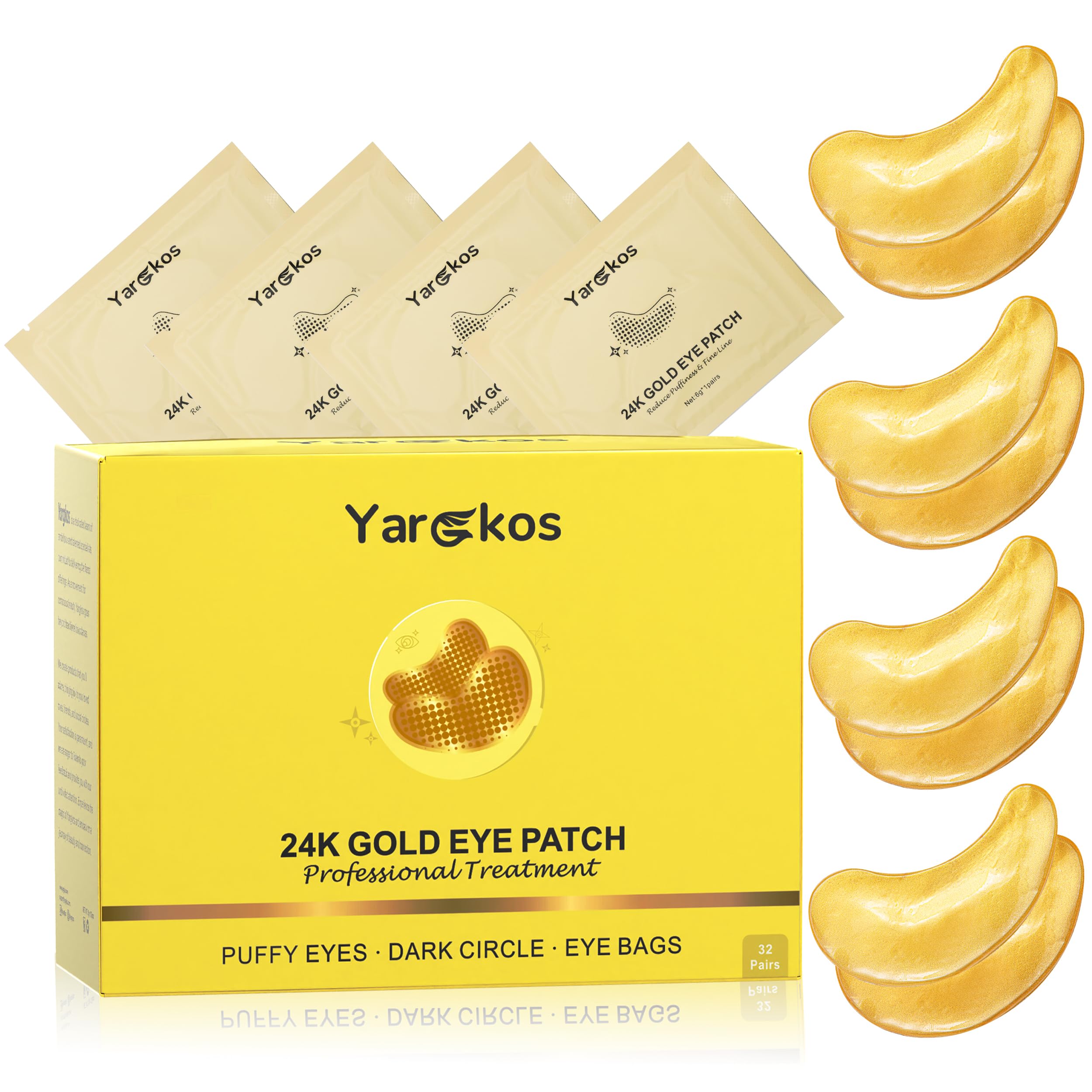 32 Pairs 24K Gold Under Eye Patches, Golden Eye Masks, Hydrating Undereye Pads for Dark Circles Anti Wrinkles Puffy Eyes, Puffiness Eye Bags Eyes Gel Pads, Women Men Travel Skincare Set