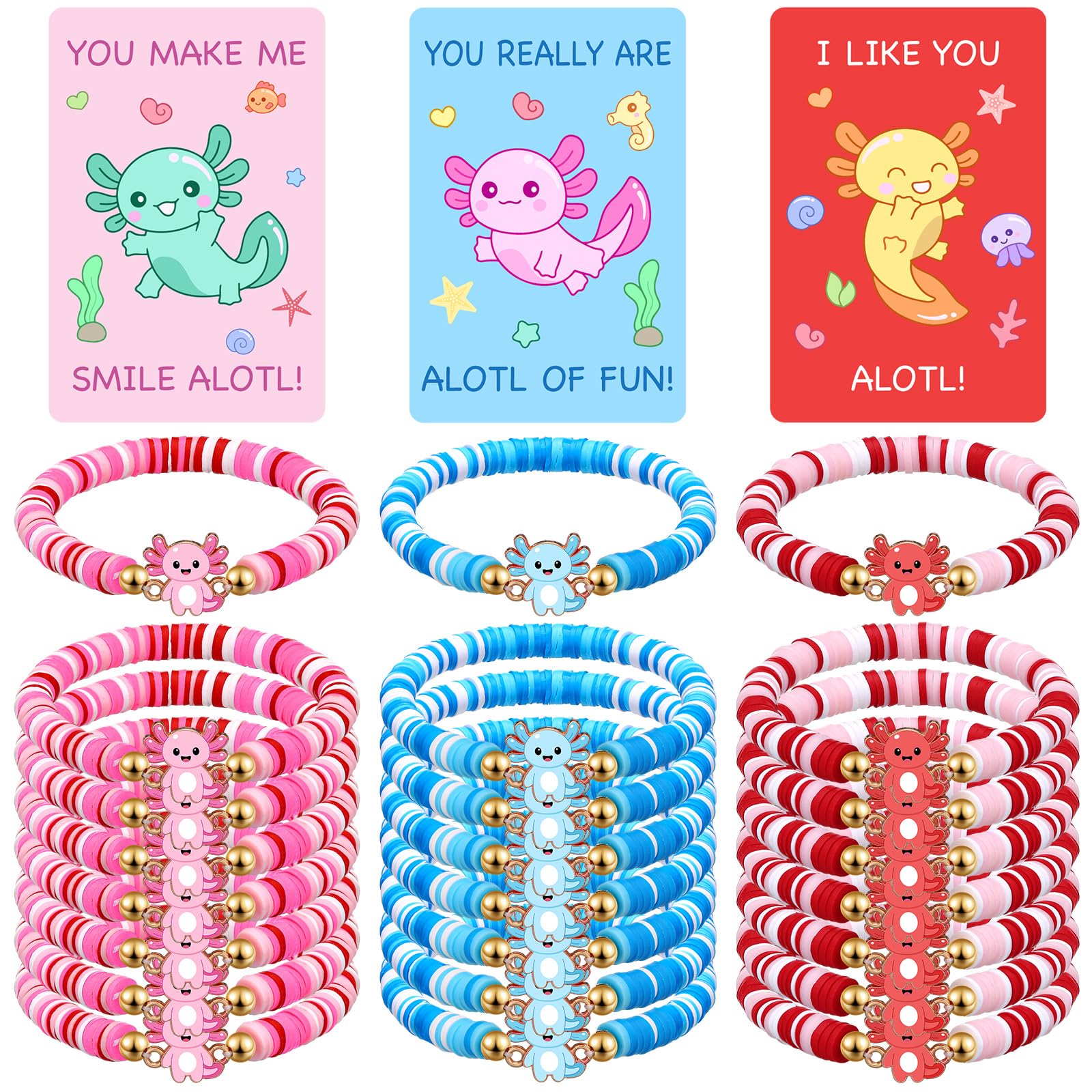 Photo 1 of **PARTIAL SET**
7 Sets Valentines Day Bracelets Gifts, Axolotl Clay Beaded Bracelets Party Favors with Valentines Cards for Friends Women Men Exchange Party Favors