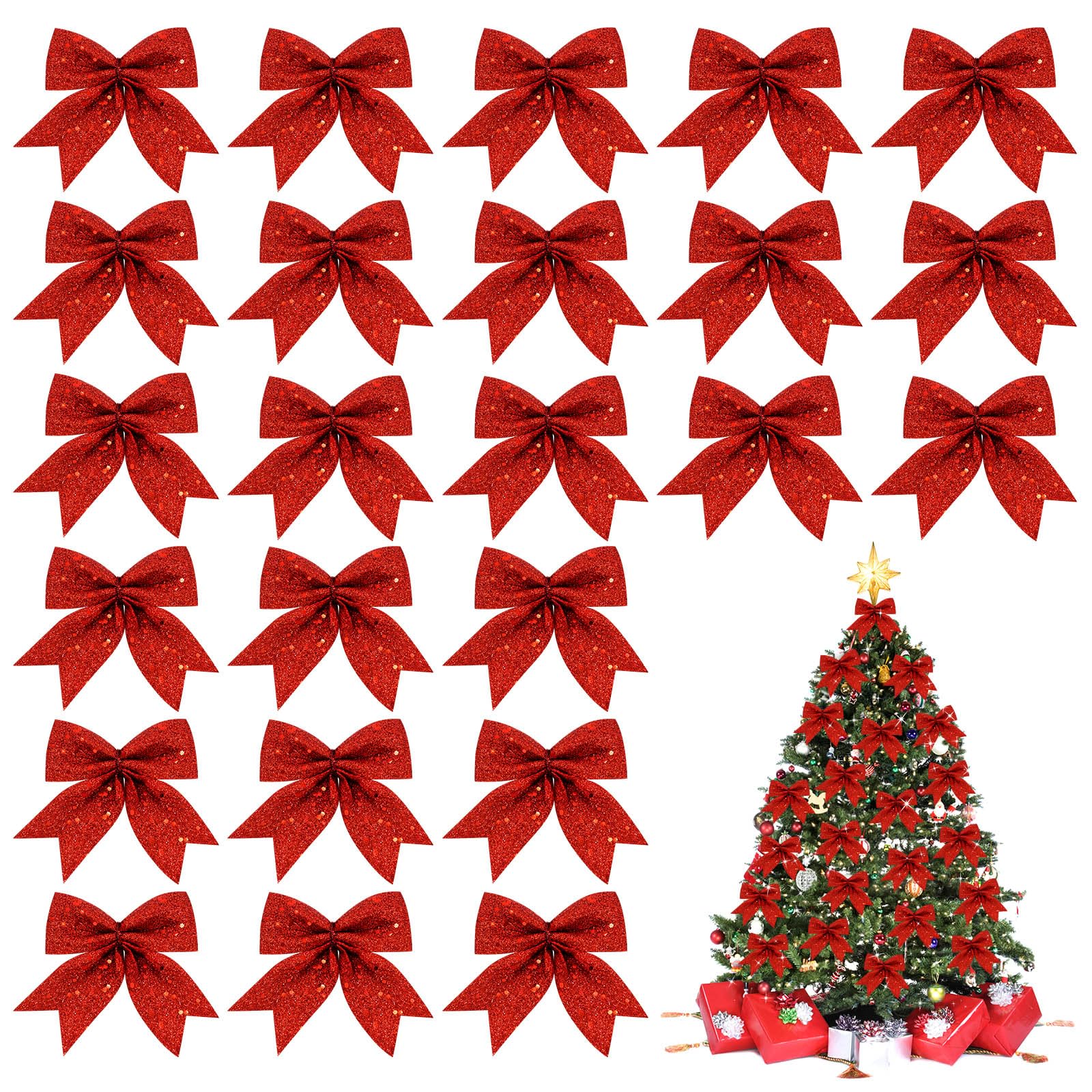 MOTONG 24 PCS Small Red Christmas Bows,Glitter Christmas Tree Bows Wreaths Xmas Tree Ornaments Decorative Bows for Tree Decorations,Sequin Bow Ties Christmas Bowknot for Garland,Party,Gift Box Decor