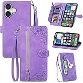 TopFunny Cases for iPhone 17 Wallet Case for Women with Card Holder Retro Embossed Flower Zipper Wallet PU Leather Flip Cover with Detachable Lanyard for Apple iPhone 17 6.3" Purple