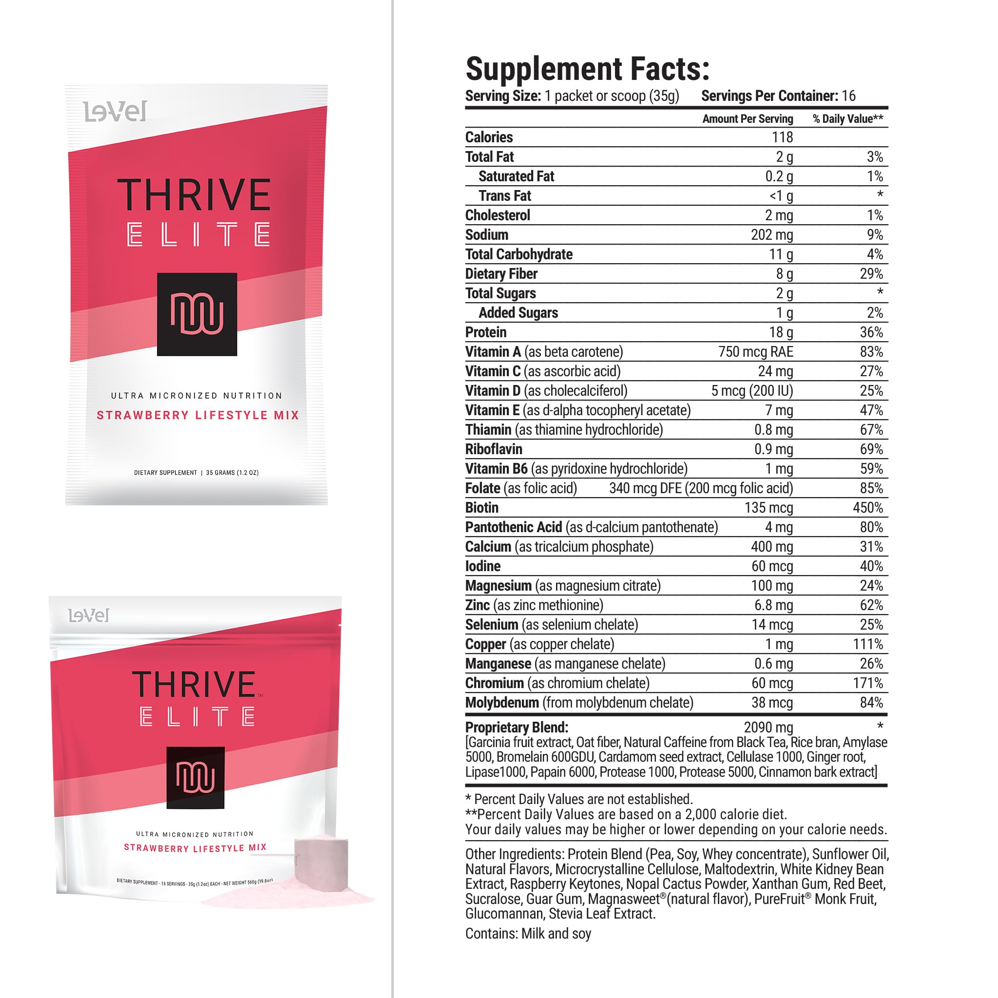 Thrive Elite Protein Shake | Gluten-Free, Protein Blend with BCAAs, Probiotics & Enzymes | 16 Serving - Scoop Serves, Strawberry