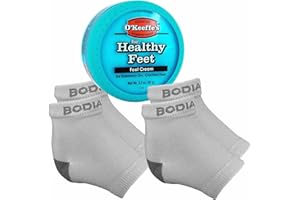 BODIANCE Dry Cracked Heels Repair Bundle with Open Toe Moisturizing Silicone Gel Heel Socks (2 Pairs, Gray) and O’Keeffe’s Healthy Feet Cream Jar for Home Foot Skin Care