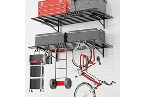 Fiaygro 2-Pack Garage Wall Shelving with Hooks, Heavy Duty Wall Mount Storage Shelf 500 lbs Load Capacity Suitable for Garage Storage, Shed, Shop (2' x 4')