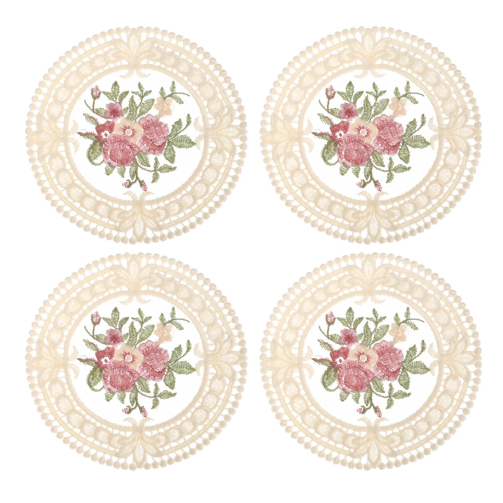 uxcell Fabric Coasters, 4pcs 4.7" - Polyester Crochet Coasters, Round Lace Embroidery Cup Mat with Floral Pattern for Wedding Party Decoration (Apricot)