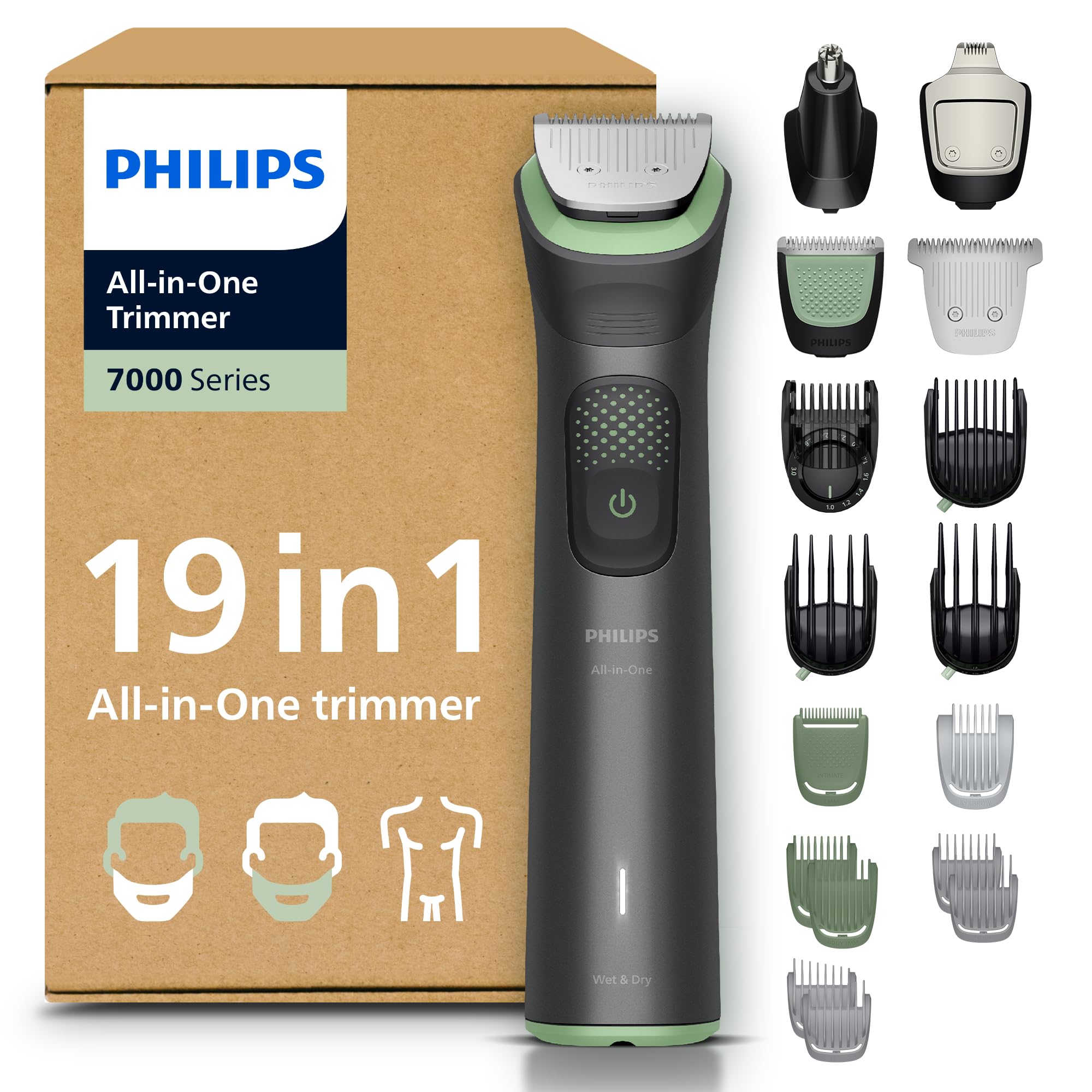 PHILIPS Multigroom 7000 für Herren - All-in-One 19-teiliger Barttrimmer und Haarschneider für Gesicht, Kopf und Körper, selbstschärfende Klingen, 26 Längeneinstellungen (0,5-20 mm), MG7962/30
