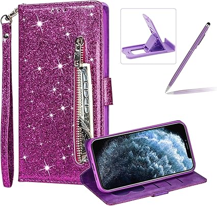 Amazon Com Glitter Wallet Case For Iphone 12 Pro Max 6 7 Strap Zipper Leather Case For Iphone 12 Pro Max 6 7 Herzzer Stylish Purple Sparkle Magnetic Pu Leather Card Slots Stand Cover With Soft Silicone