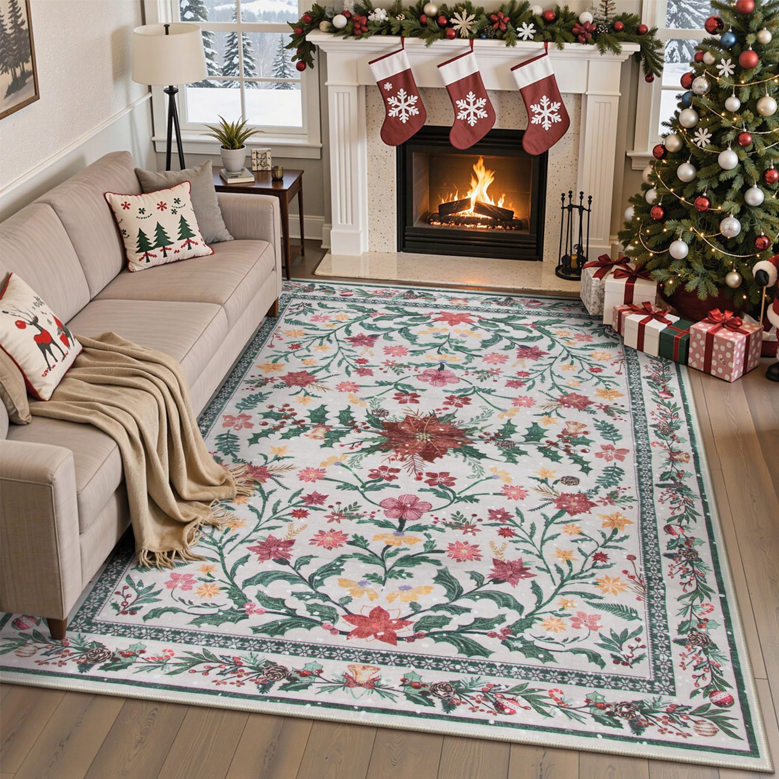 Wonnitar Christmas Rugs for Living Room, Christmas Decor 5x7 Washable Area Rug, Ultra-Thin Red Floral Holly Print Holiday Xmas Decor Non Slip Winter Carpet for Kids Room Bedroom Dining Room Image