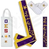 Masonic OES Associate Matron Sash with Cotton Gloves &amp; Free Embroidered Leather Sash Case - Order of the Eastern Star AM Purple Velvet Sash with Gold Fringe