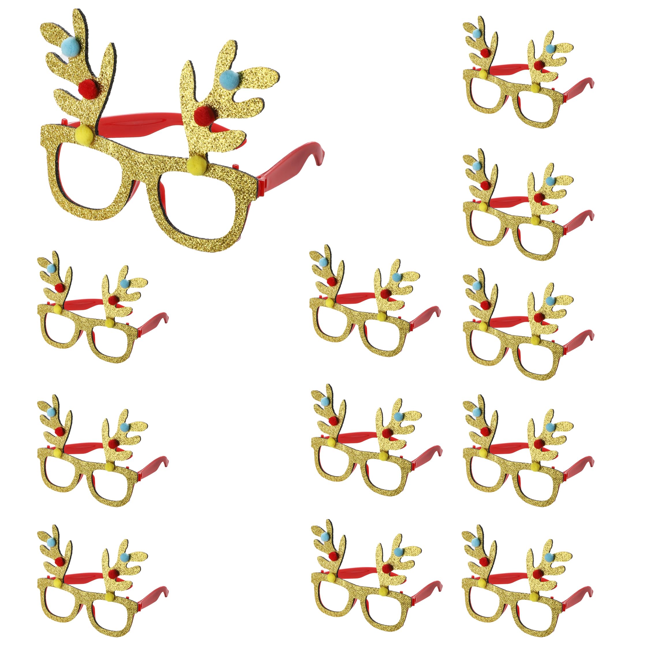 Komonee 12 x Christmas Novelty Glasses Sunglasses | Xmas Costume Eyewear Fancy Dress Up | Funny Festive Party Favours for Holiday Celebrations & Photo Booth Props for All Ages Gold Antlers
