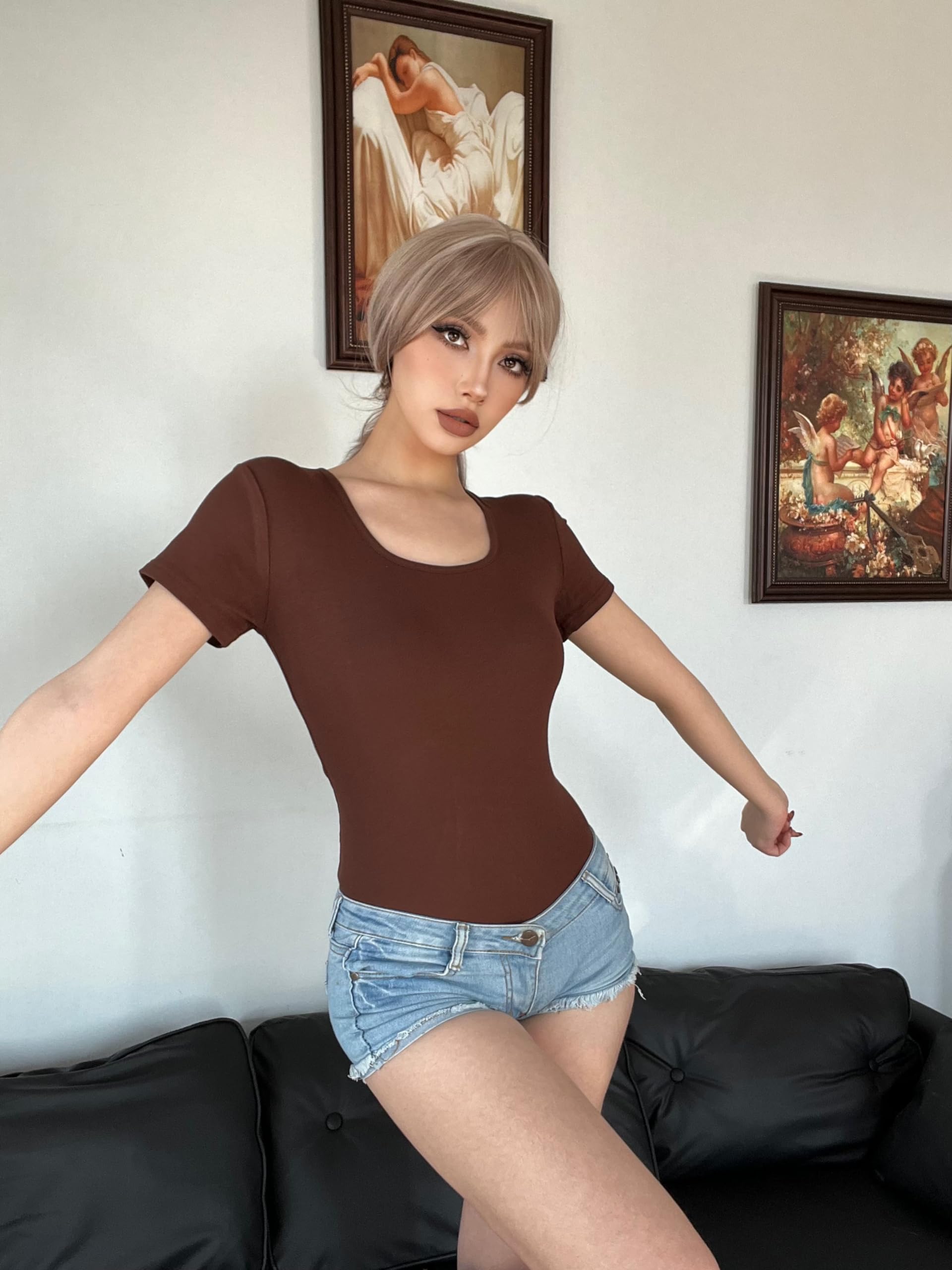 Chongbaijia 5 Pack Short Sleeve Bodysuits for Women Square Neck Casual Stretchy Basic Body Suits Tops T Shirts