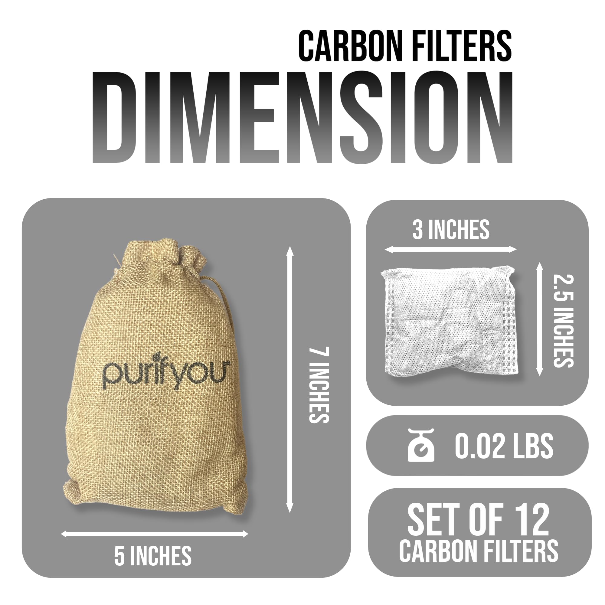 100% Natural Bamboo Charcoal Air Purifying Bag - Set of 12 Carbon Filters, Deodorizer Bags, Odor Absorber for Diaper Pail, Trash, Shoes, Closets, Cars, Fridge, Pets House, Kitchen, Home by purifyou