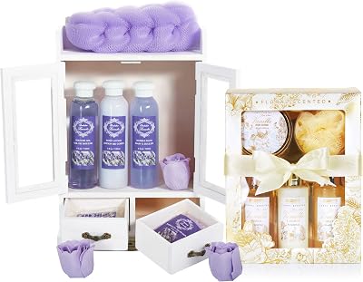 BRUBAKER 15pc Vanilla Rose Mint Bath Gift Set with Wooden Cabinet for Women