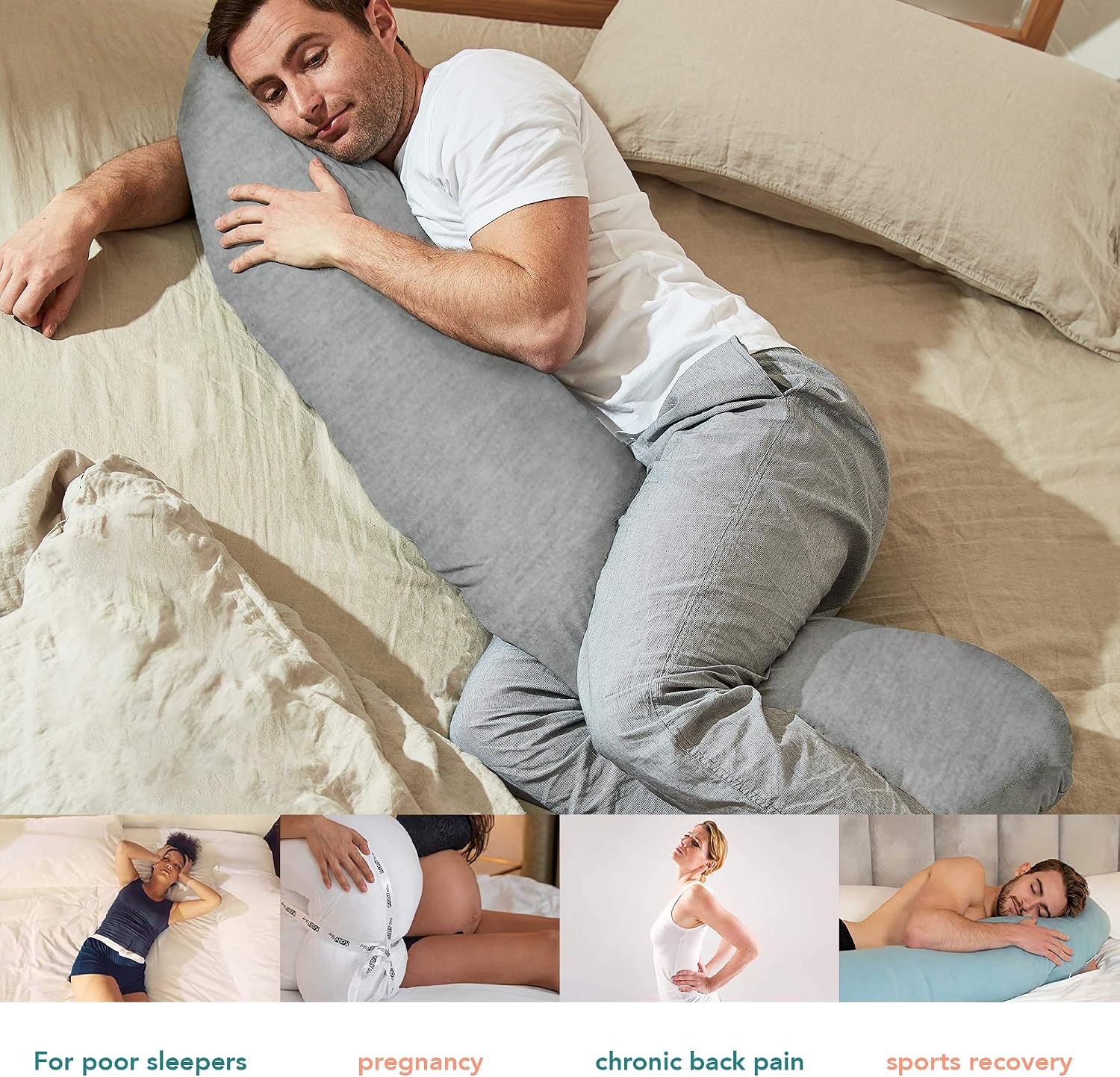 Kallysleep Full Body Sleep Pillow, Best Orthopaedic Pillow for Pregnancy Neck & Back Pain, Recovery Support, 145 x 35cm, Grey - Image 3