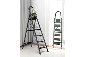 COROCO 6 Step Ladder, Folding Step Stool with Anti-Slip Wide Sturdy Pedal and Handgrip, Portable Lightweight Aluminum Stepladder, Multi-Use for Home, Library, Garage (300 lbs Capacity) - Black