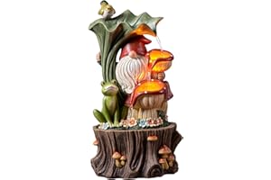 Kalona Gnome Outdoor Waterfall Fountain with LED Lights, Resin Tree Stump Waterfall Fountain for Patio Balcony Yard, 21" Tall Garden Water Feature 25007