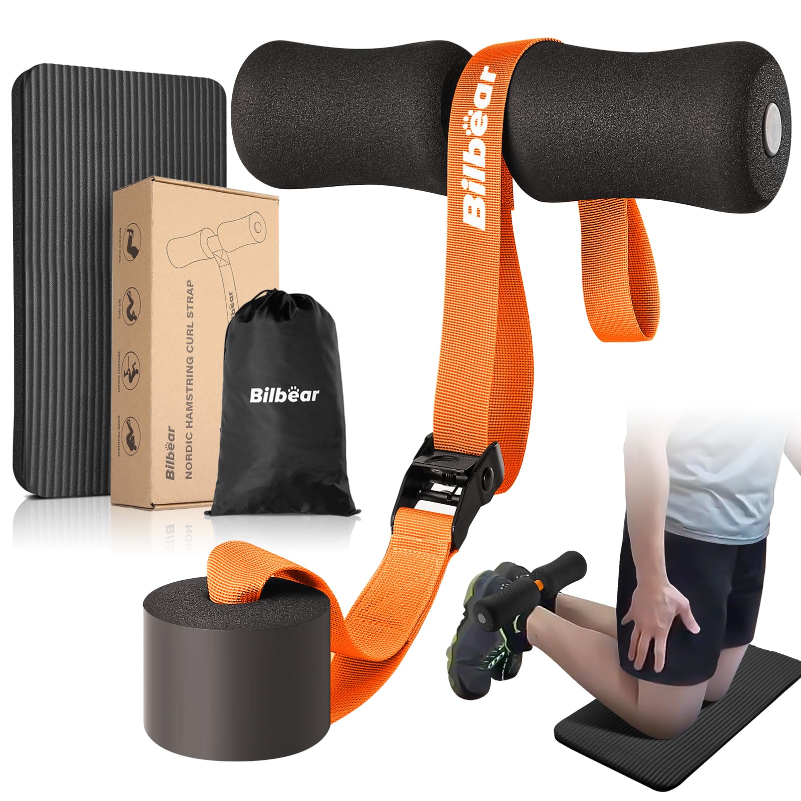 Bilbear Adjustable Nordic Hamstring Curl Strap - Portable Home Nordic Curl Machine with Kneeling Mat, Supports 400lbs, Orange