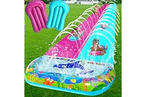 OHMANHE 36FT x 6.56FT Extra Long Double Lawn Water Slide for Kids Adults, XXXL Heavy Duty Outdoor Water Slip with Sprinkler N 2 Bodyboards, Backyard Summer Water Slip Toy with Crash Pad