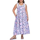 Moon Wood Plus Size Overall Dress for Women Floral Maxi Dress Casual Loose Fit A-Line Flowy Jumper Dress with Pockets