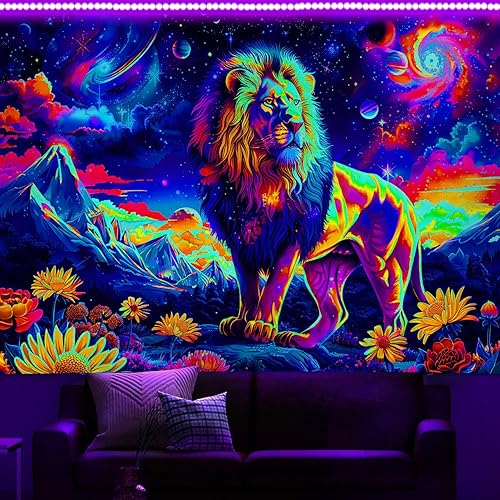 Blacklight Lion Tapestry for Men, Cool Neon Trippy Galaxy Space Tapestry UV Reactive Tapestry Hippie Floral Plants Glow in The Dark Tapestry Magic Mountain Art Wall Hanging for Living Room, 80X60