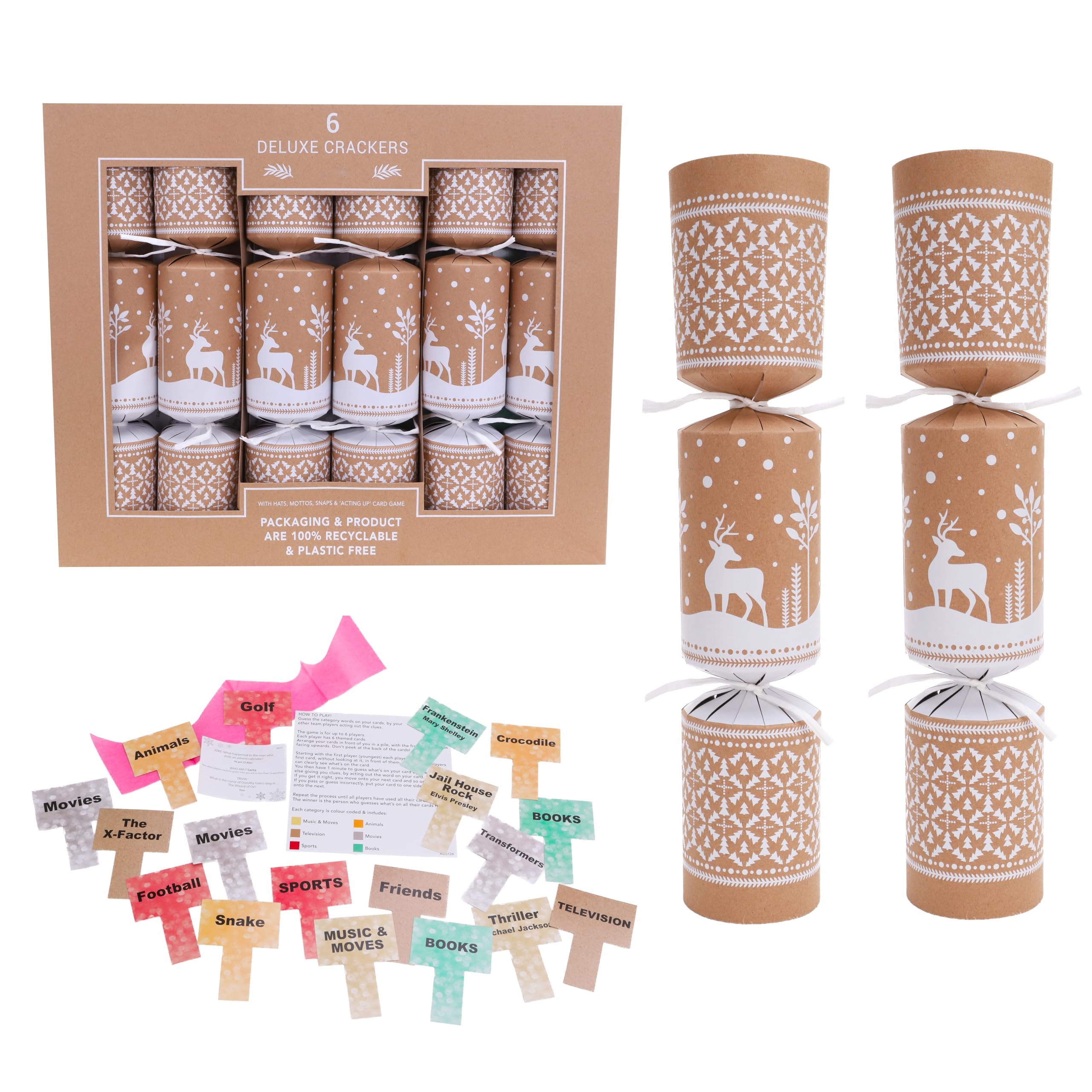Toyland® Pack of 6 Eco-Friendly Reindeer Christmas Crackers - Plastic-Free 30cm Recyclable Crackers with Paper Hats, Jokes & Novelty Gifts for Christmas Dinner Table