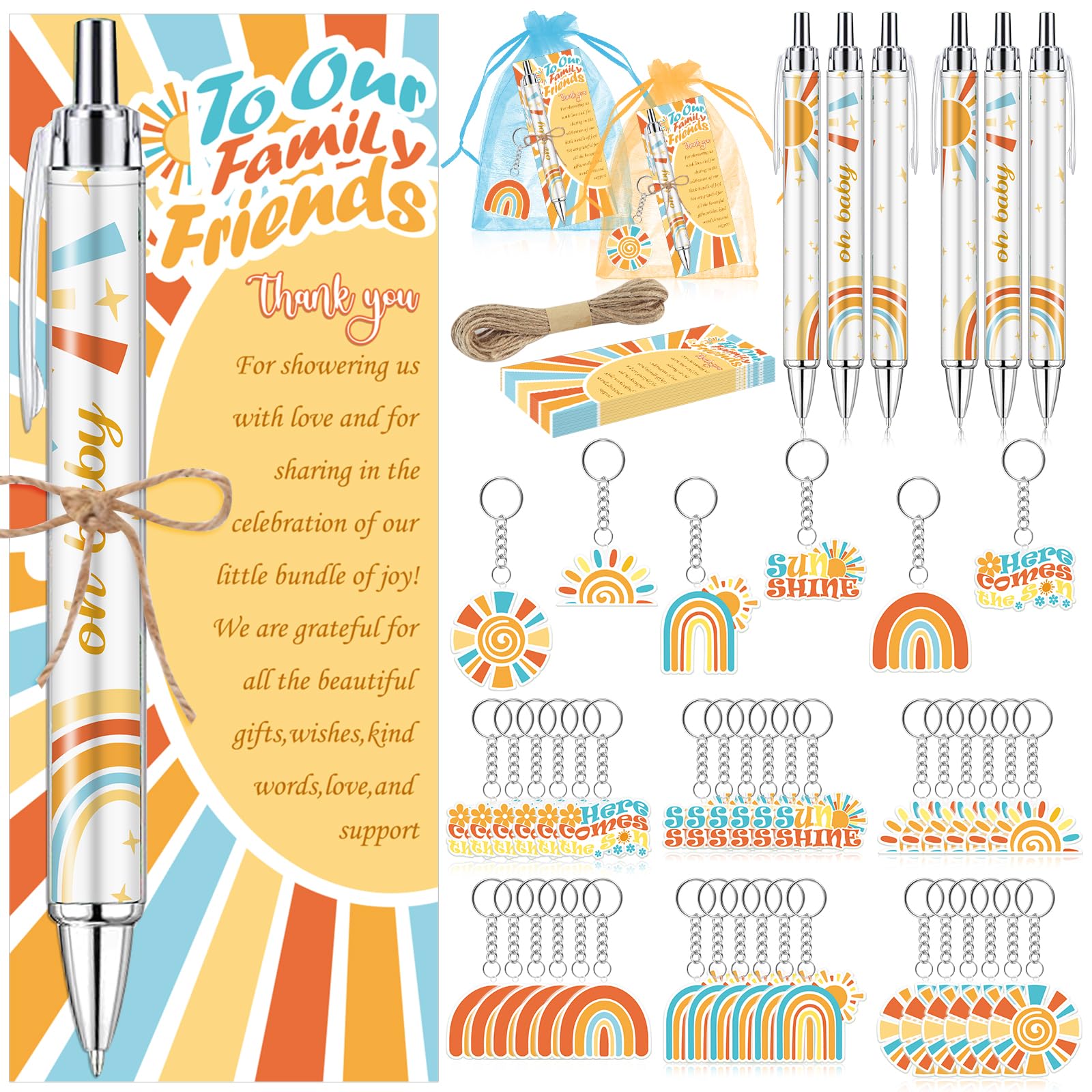 Photo 1 of 145 Pieces Sun Baby Shower Favors for Guest Here Comes the Son Ballpoint Pens and Keychains Gifts Boho Sun Bulk Retractable Baby Shower Pens Gender Reveal Thank You Cards Souvenirs Games Prizes Favors