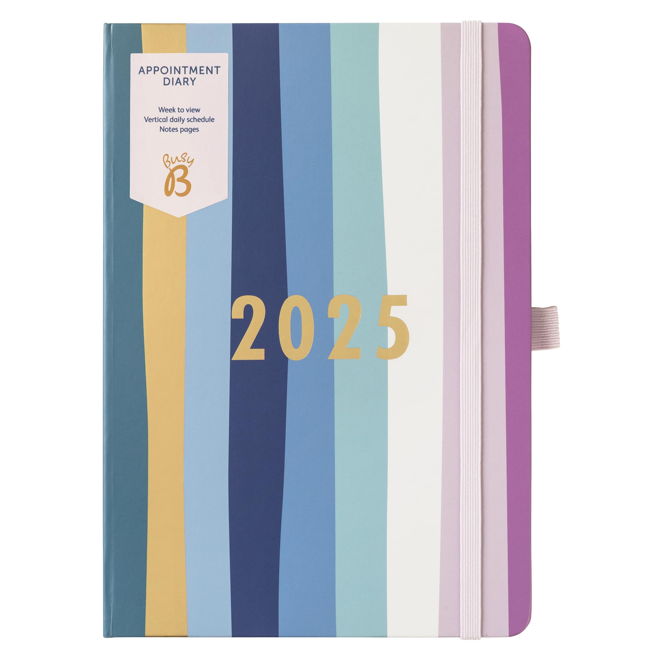 Busy B Appointment Weekly Planner Diary 2025 - Multicoloured Striped Faux Leather Cover – Manage a Busy Schedule with Week-to-View, Vertical Daily Schedules, Notes Pages & Elastic Closure Band