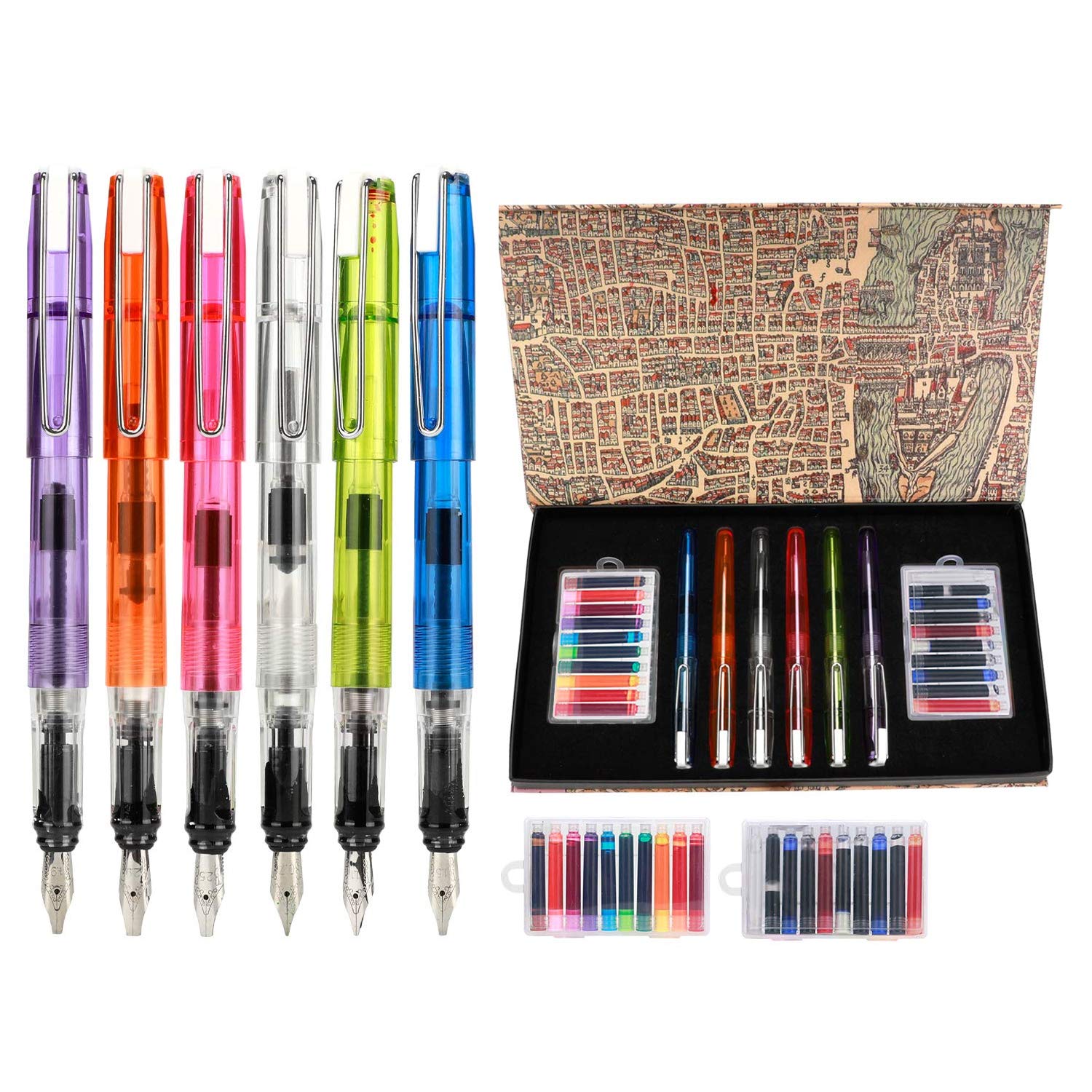 GCQUILL Fountain Pen Set 26 Piece, 6 Different Size Nibs and 20 Assorted Ink Cartridges Kit for Calligraphy Lettering - Complete Easy Learning Set for Beginners - Storage Case Included