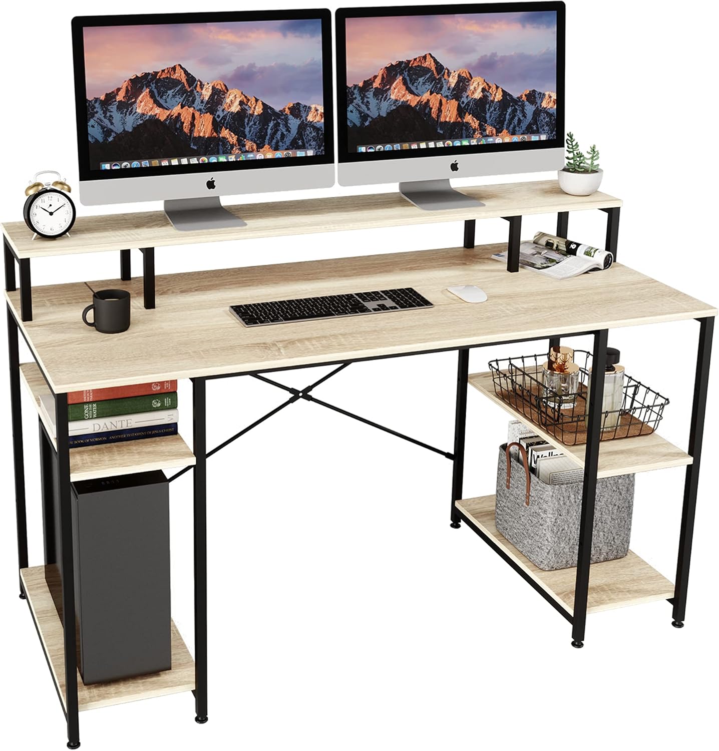 Bestier Computer Desk with Monitor Shelf, 55 inches Home Office Desk with Open Storage Shelves, Writing Gaming Study Table Workstation for Small Space, Oak