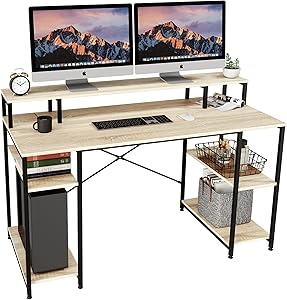 Bestier Computer Desk with Monitor Shelf, 55 inches Home Office Desk with Open Storage Shelves, Writing Gaming Study Table Workstation for Small Space, Oak