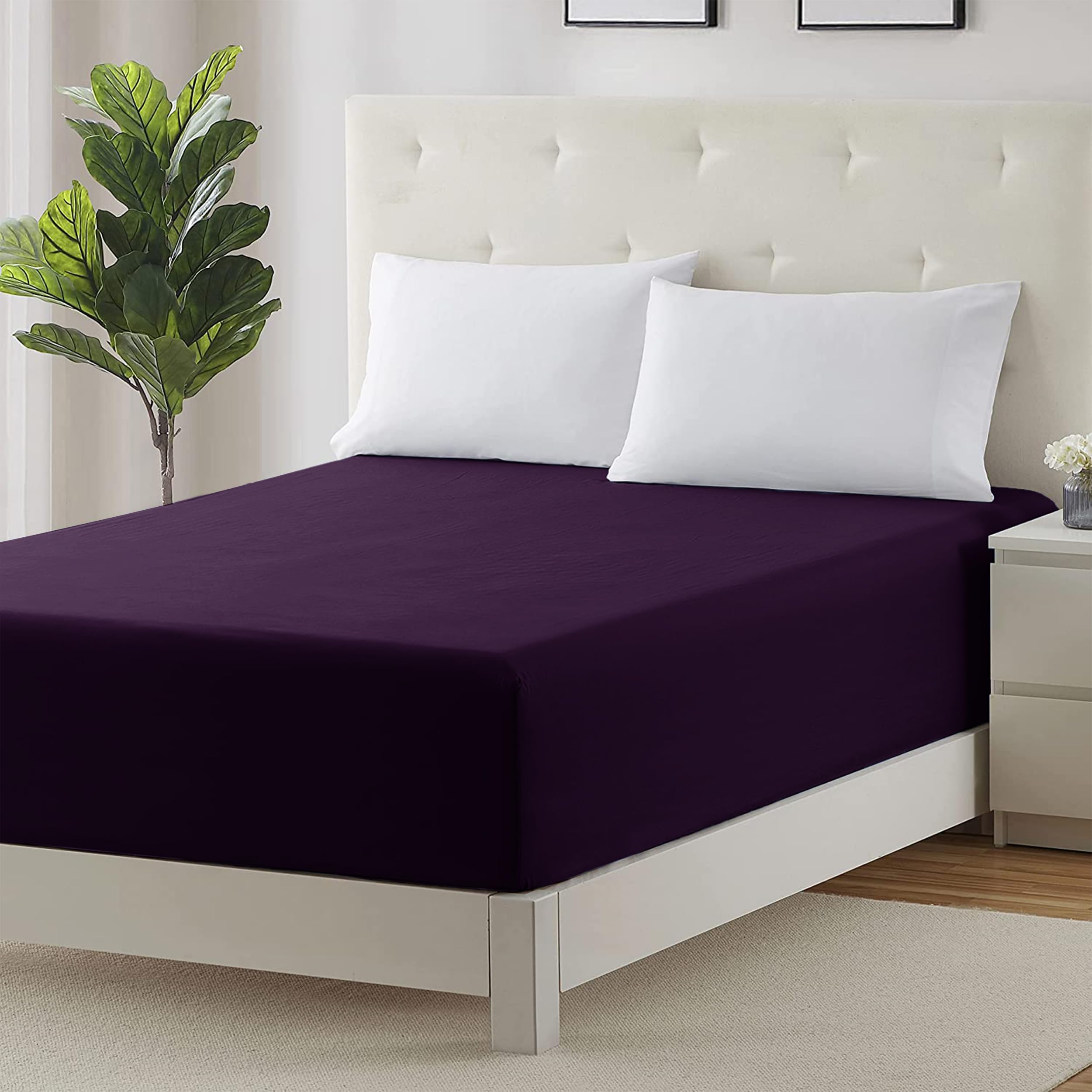 Prime Linens Extra Deep 30Cm Plain Fitted Sheet, Elastic Pocket Breathable Soft Polyester Cotton Bed sheet Machine Washable Fade Resistant (Aubergine, King)