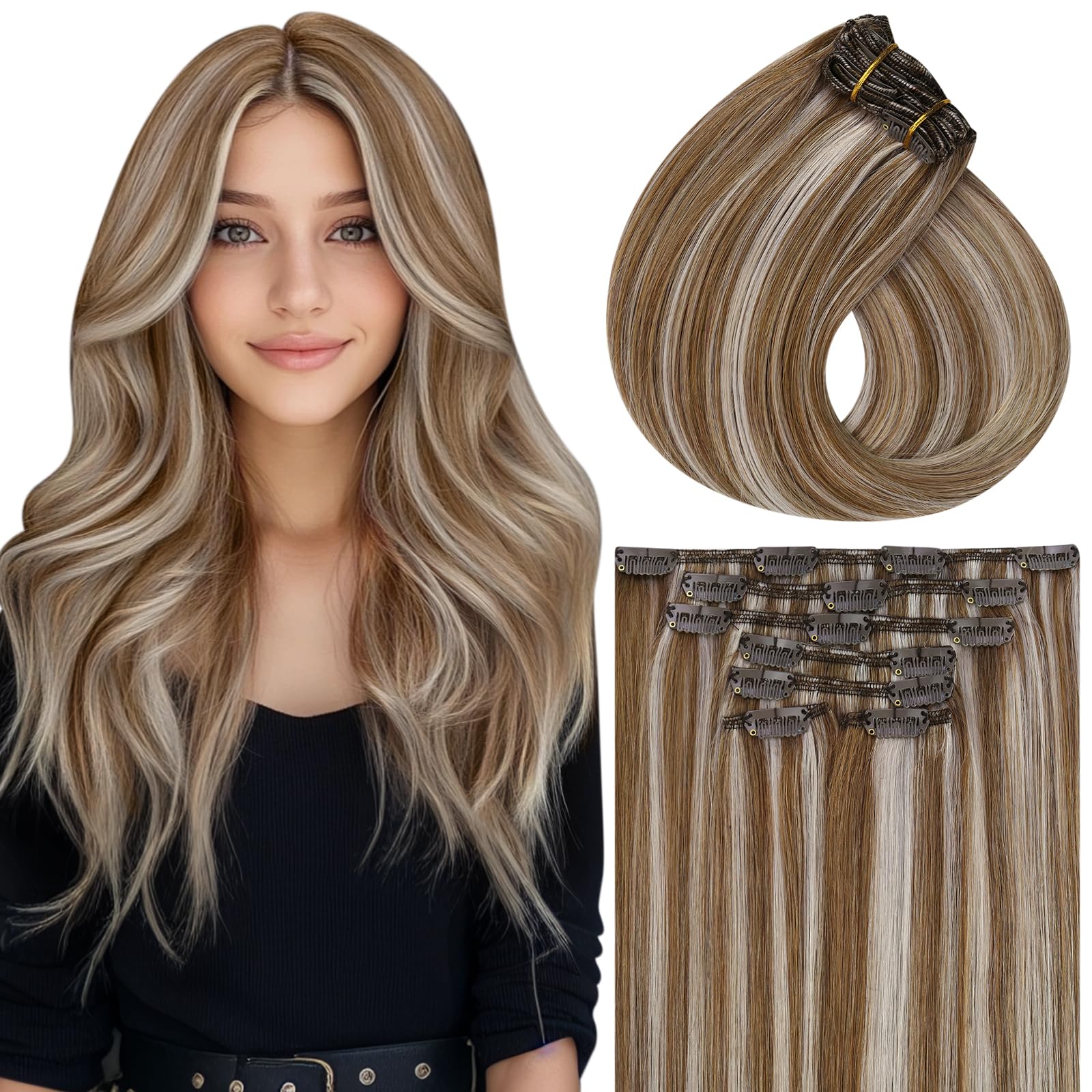 Vivien Real Human Hair Extensions Clip in Brown 20 Inch Clip in Extensions Natural Hair Light Brown to Platinum Blonde Straight Silky 7Pcs 120g #P8/60 — image 1