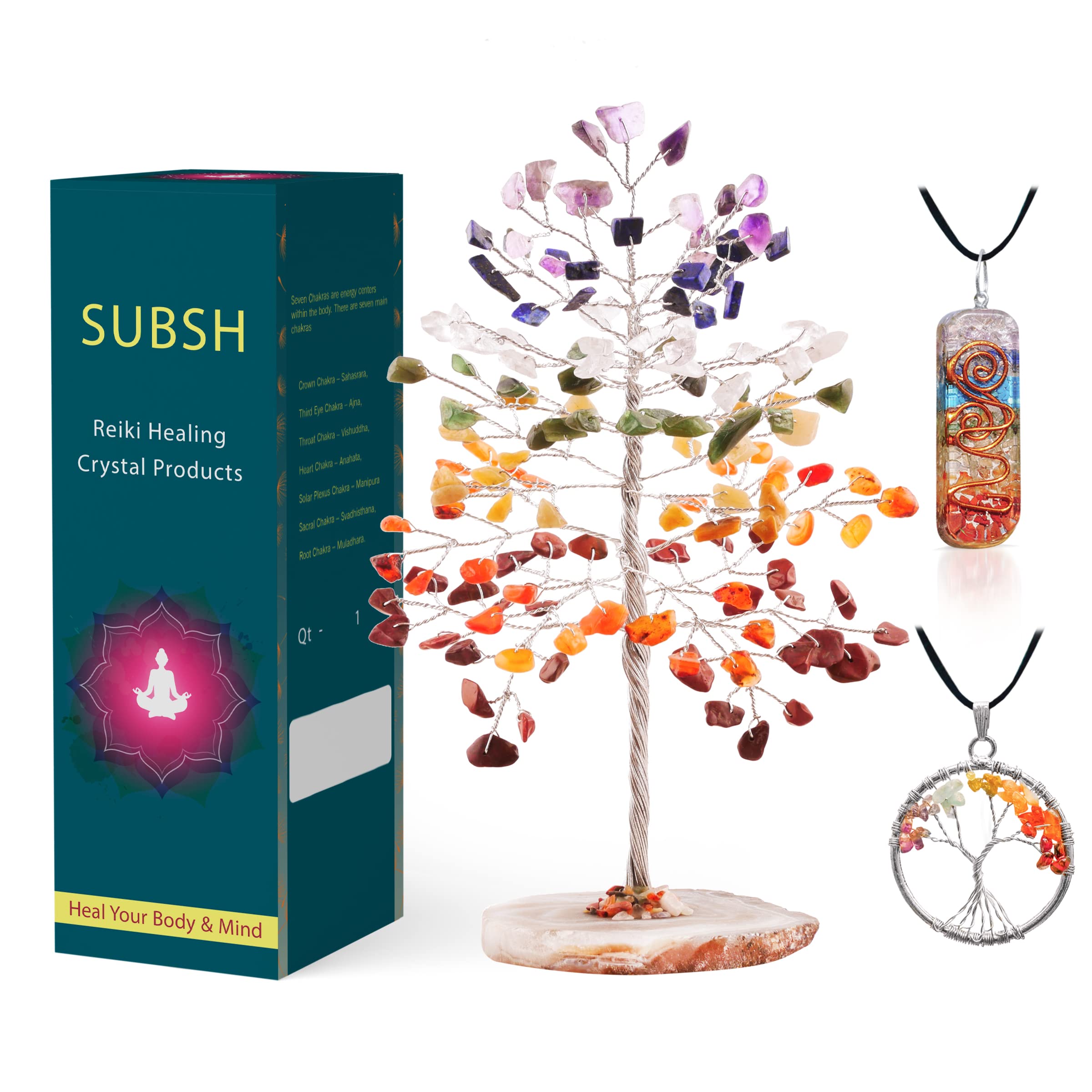 SUBSH Crystal Tree of Life - Wrapped On Natural Geode Agate Slice Base Healing Crystals for Beginners Chakra Set Positivity Gifts