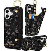 Petitian for iPhone 16 Wallet Case for Women, Black Butterfly | Credit Card Holder, Wristband Strap, Leather Phone Cover, Cute Girly Aesthetic, RFID Blocking, Unique Design for Teen Girls