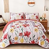 Anibedding Floral Quilt Set Queen Size, Red Bedspread 3 Pieces Botanical Flower Bedding Set Soft Microfiber for All Season (Queen, 96"x90")
