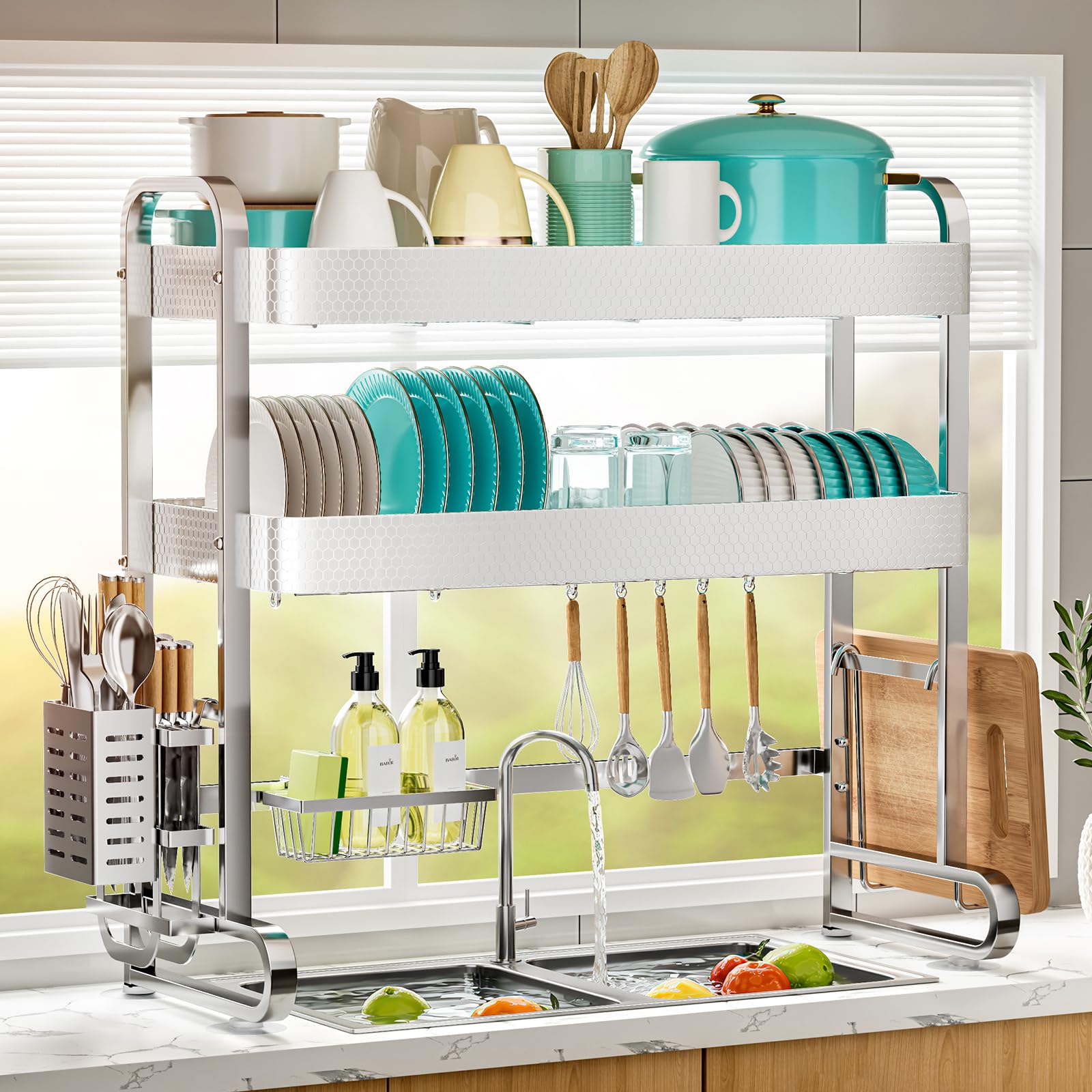 HOWDIA 3-Tier Over The Sink Dish Drying Rack, 304 Stainless Steel Dish Rack with Honeycomb Design, Cutlery Holder & Chopping Board Rack, 33.86” x 11.81” x 33.07” for Maximum Kitchen Storage Image