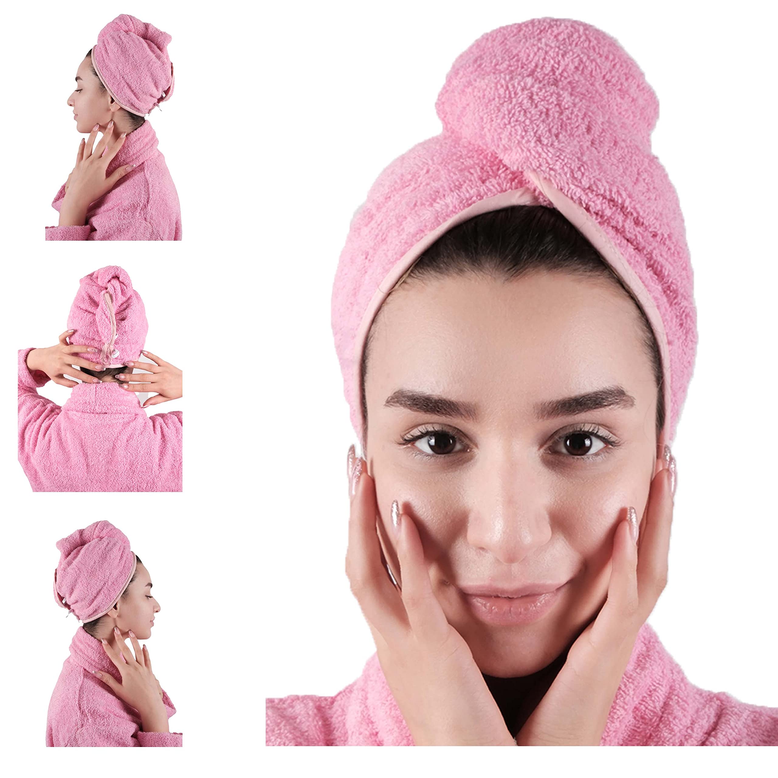 LLAMAXY 100% Pure Organic Cotton Hair Towel - Quick Twist Rapid Dry Turban Cap for Adults and Children - 3 Pack Pink