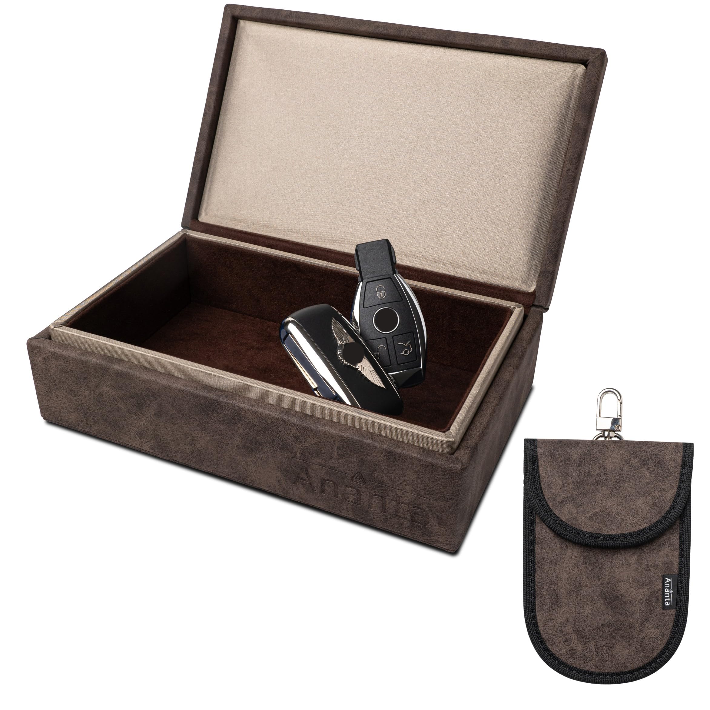 Ananta Faraday Box for Car Keys – Military-Grade RFID Signal Blocking, Magnetic Closure & Spare Key Pouch (Brown)