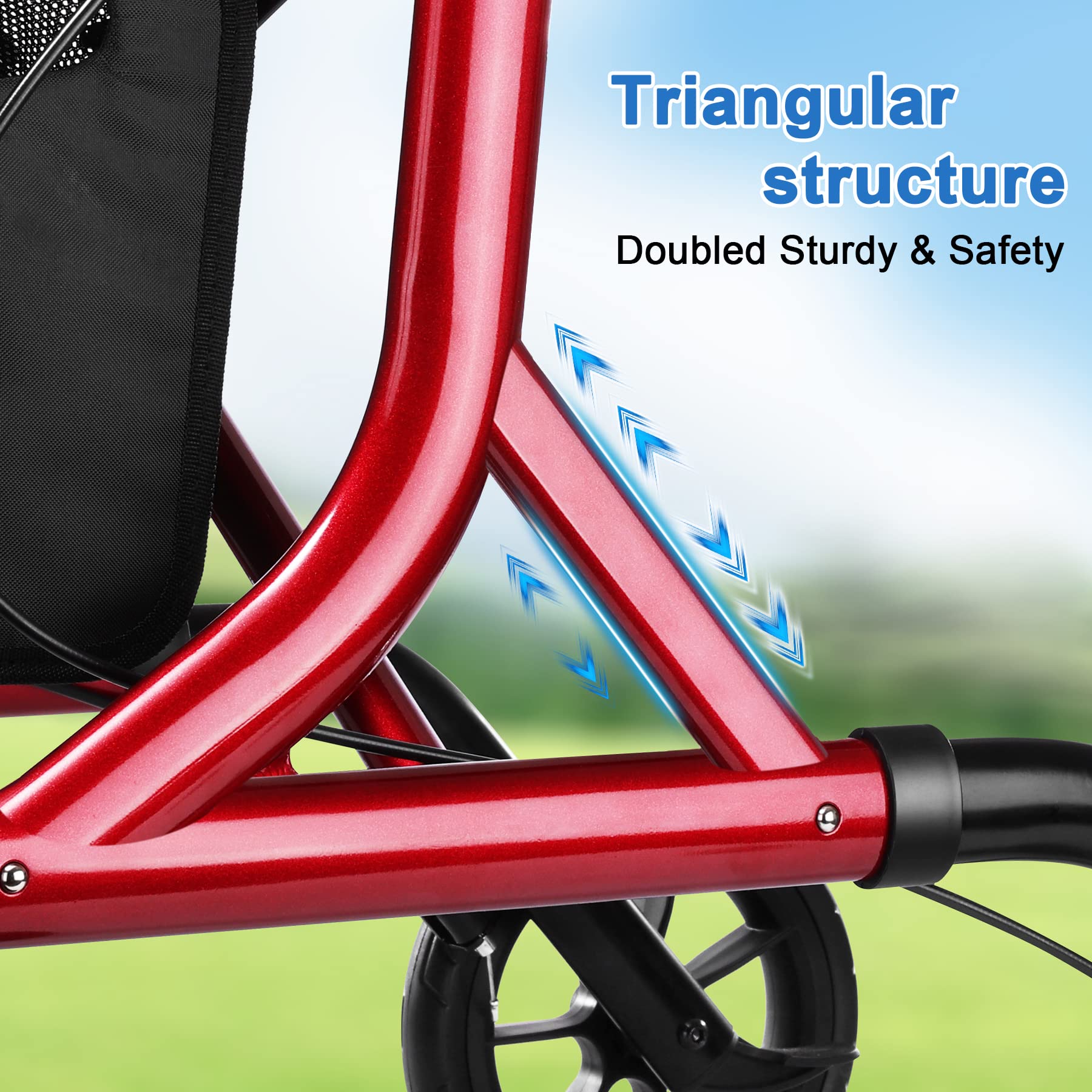 WALK MATE Rollator Walker for Seniors with Cup Holder, Upgraded Thumb Press Button for Height Adjustment, 4 x 8 Wheels Walker with Seat Padded Backrest Folding Lightweight Walking Aid, Red