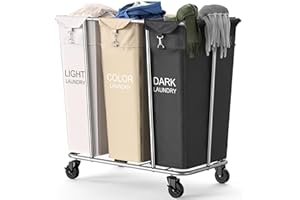 PLKOW Laundry Sorter 3 Section, 220L Large Laundry Cart with Wheels 3 Hamper Laundry Sorter with Steel Frame and Removable Bag, Rolling Laundry Cart for Home, Laundry Room, Hotel, 6 Bushel