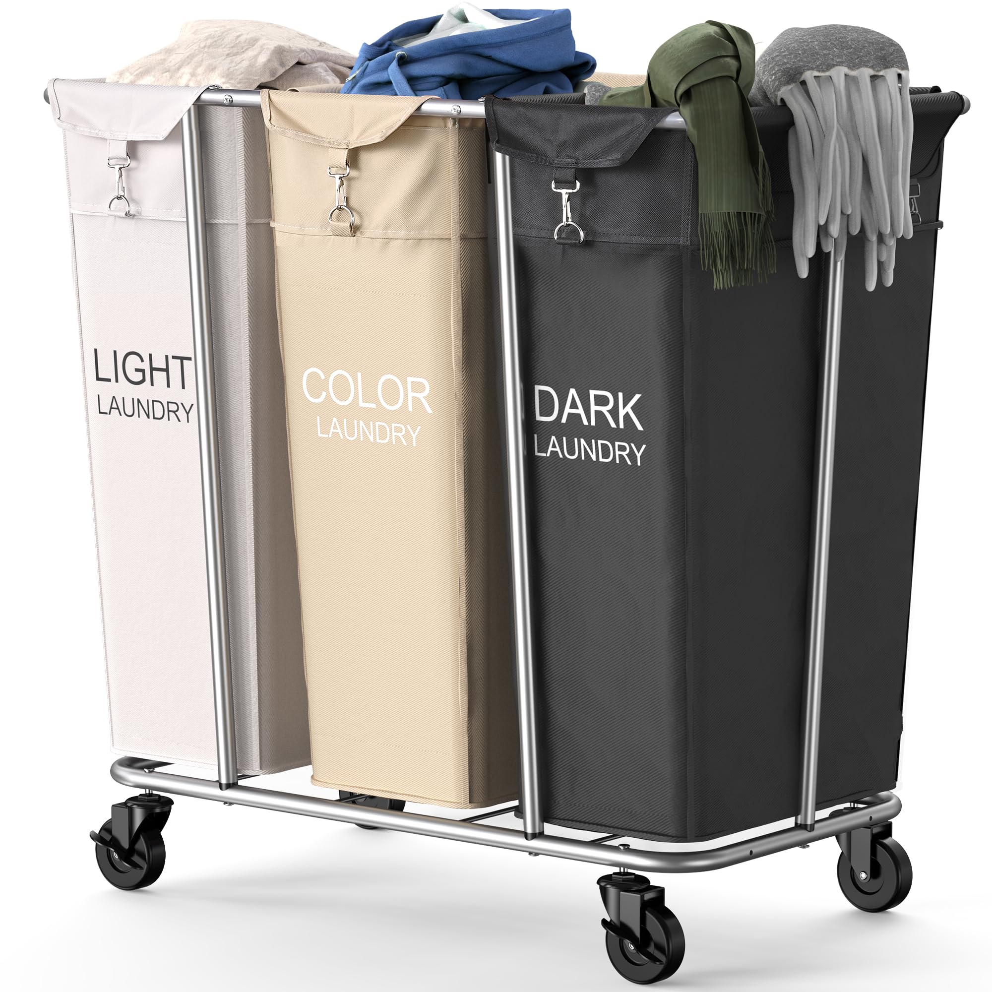 Photo 1 of PLKOW Laundry Sorter 3 Section, 220L Large Laundry Cart with Wheels 3 Hamper Laundry Sorter with Steel Frame and Removable Bag, Rolling Laundry Cart for Home, Laundry Room, Hotel, 6 Bushel