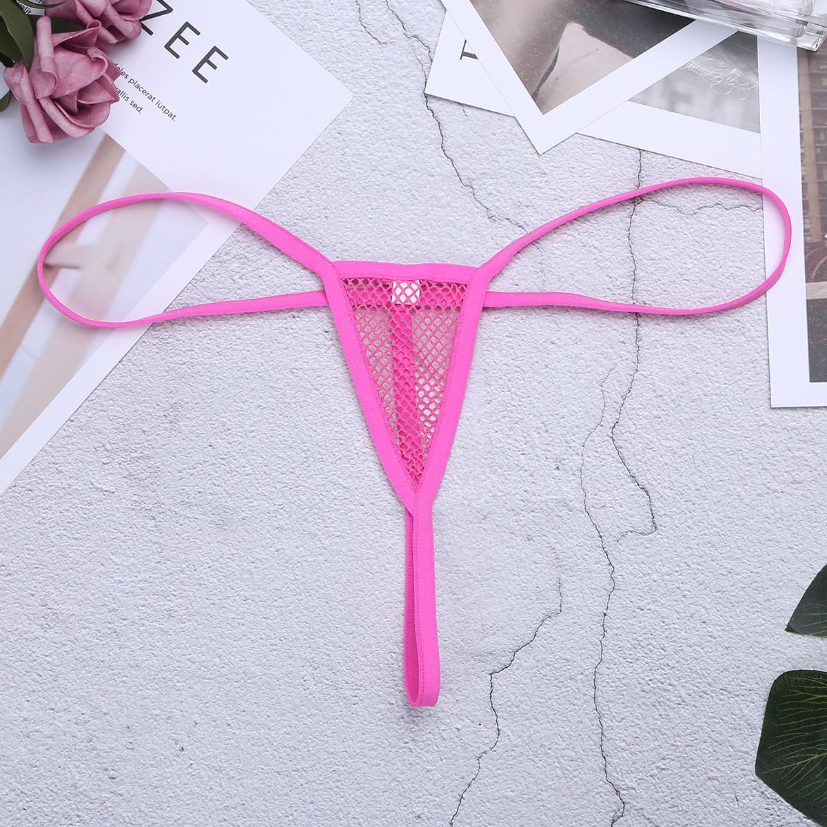 Freebily Women's Lingerie Fishnet Knickers G-string Bikini Micro Thong Underwear Rose One Size: Clothing