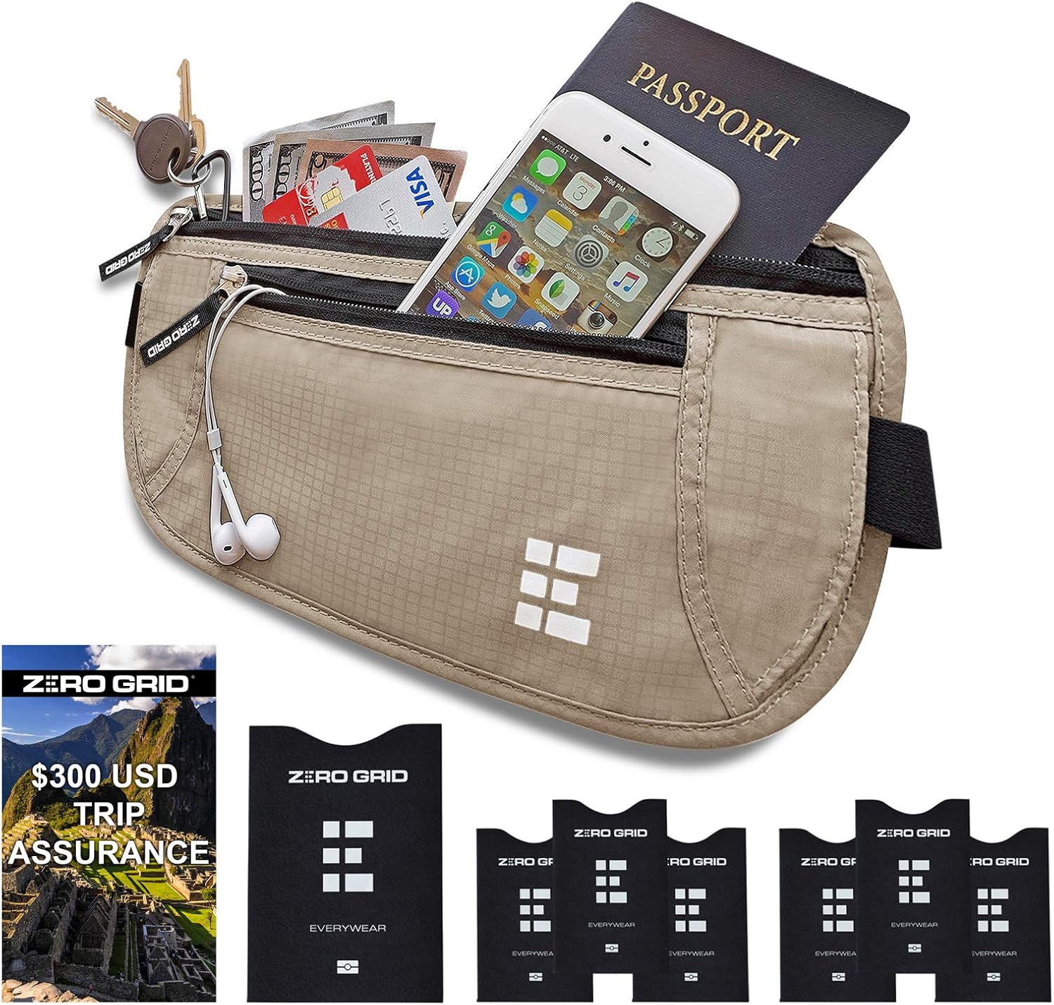 Zero Grid Money Belt w/RFID Blocking - Concealed Travel Wallet & Passport Holder: Clothing