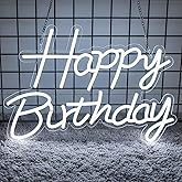 Happy Birthday Neon Sign for Backdrop, LED Happy Birthday Light Up Sign, USB Powered Dimmable Neon Light for Birthday Party Decorations, Wall Decor, White, 16.5 x 12 inch